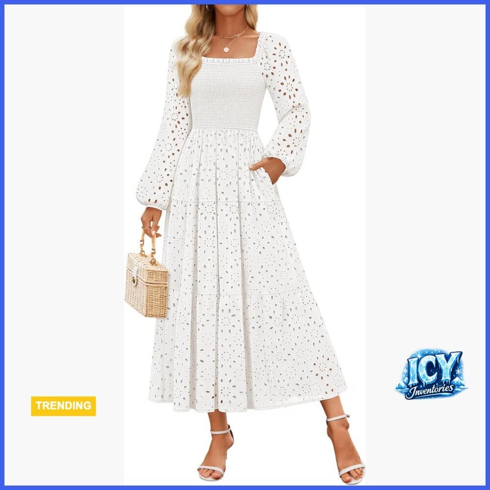 Cotton Long Sleeve Maxi Dress Square Neck Hollow Out Eyelet Smocked